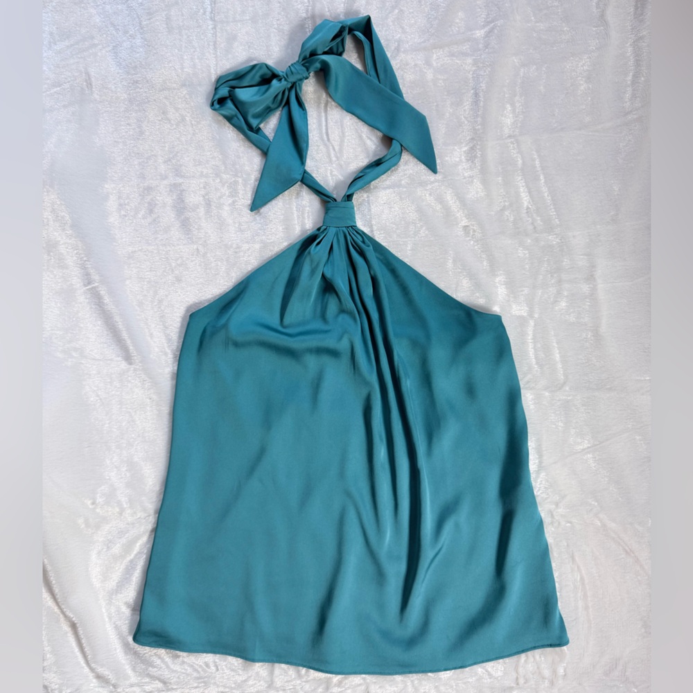 WHBM Turquoise Halter Top Silky Draped Resort Vacation Summer